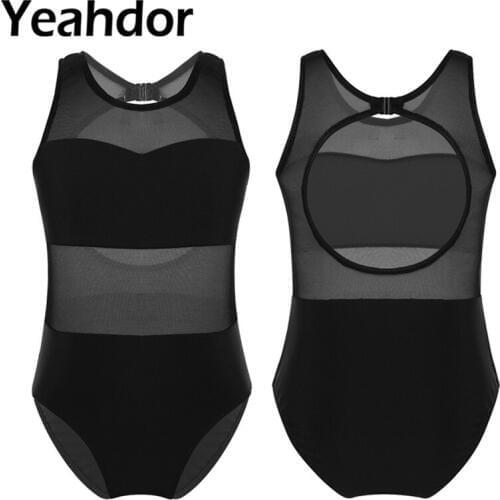 Kids Girls Sleeveless Mesh Splice Cutout Back Ballet Dance Gymnastics Leotard Jumpsuit Ballerina Bodysuit Girls Ballet Leotards