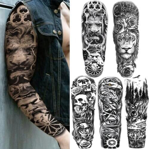 Long Size God Temporary Tattoo Sleeve For Men Women Realistic Fake Lion Flower Tattoos Sticker Black Skull Forest Tattos Decal