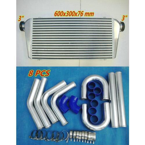 For 8pcs Silicone Hose + 600x300x76mm Aluminum Intercooler Turbo piping In/Out 3" pipe + Fans Tube & Fin Front Mount 600x300x76