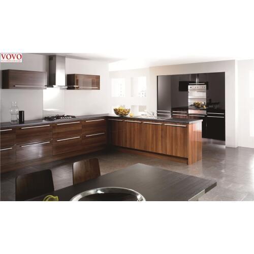 High gloss wood grain l shaped kitchen design