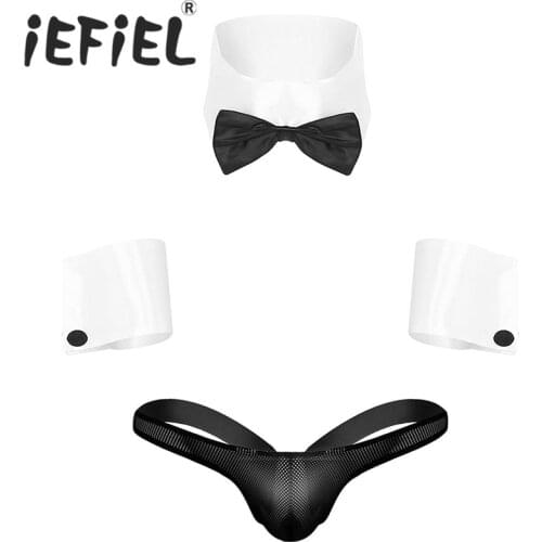 IEFiEL Mens Adult Waiter Roleplay Costume Set Collar and Cuffs and See Through Fishnet Jockstrap Bikini G-string Thong Underwear