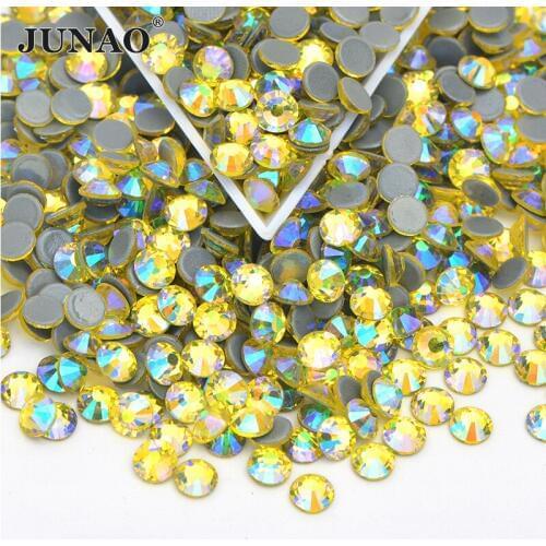 JUNAO SS6 8 10 12 16 20 30 Citrine AB Hotfix Glass Crystal Rhineston Round Flat Back Strass Beads Iron On Transfer Crystal Stone