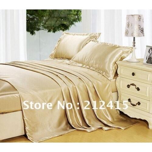 Silk bedding set 4pcs solid color champagne many size duvet cover flat sheet pillowcase luxurious king queen Full Twin ls2101