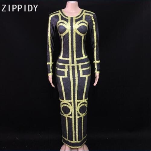 Fashion Black Gold Rhinestones Long Sleeves Nightclub Women Singer Dance Sexy Womens Birthday Celebrate Dress
