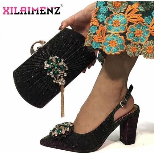 Fashion Crystal Dark Green Pointed Toe Latest Lady Shoes And Bag Set African Style Woman Shoes And Matching Purse Set For Party