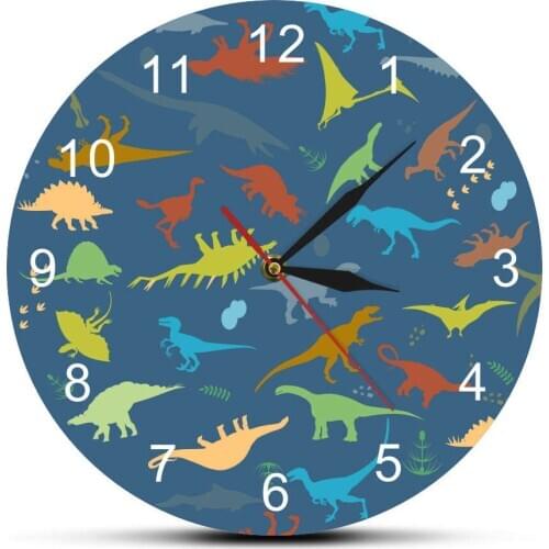 Cartoon Dinosaurs Ancient Specises Arabic Numbers Printed Wall Clock Modern Design Jurassic World Dinaosaur Kid Room Decorative
