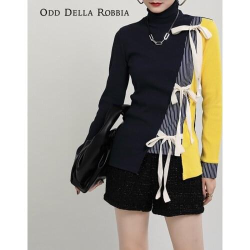 OddDellaRobbia Autumn Winter Women Elegant Personality Color Matching Asymmetric Stitching Lace-Up Hollow Turtleneck Sweater1686