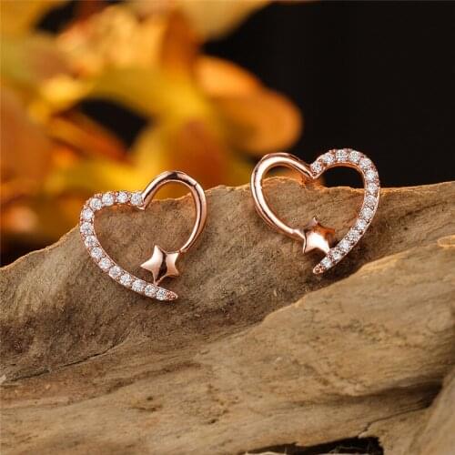 Luxury Female Crystal Zircon Stone Earrings Vintage Rose Gold Color Wedding Earrings Small Double Heart Stud Earrings For Women