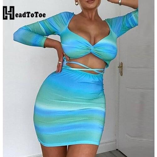 Tie Dye Print Sexy Cutout Knotted Bodycon Dress Sweetheart Neck Long Sleeve Mini Dress