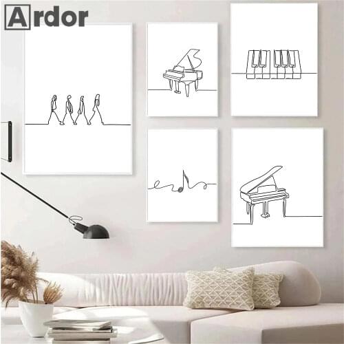 Nordic Piano Line Drawing Wall Art Poster Music Notes Art Print Piano Key Canvas Painting Black White Pictures Living Room Decor