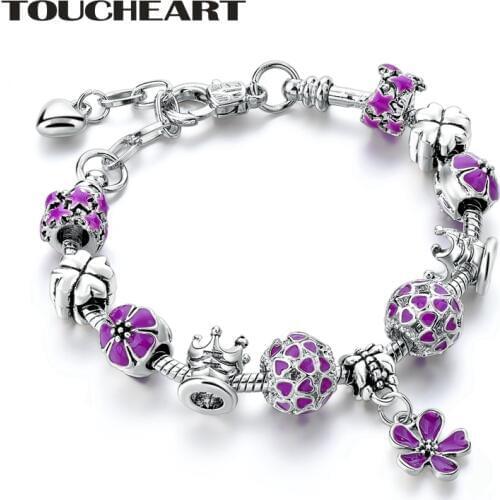 TOUCHEART Purple Flower Fashion Silver Bead Initial Bracelet & Bangles Charms For Women Luxury Brand Jewelry Bracelets SBR180080