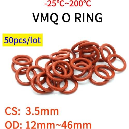 50pcs VMQ O Ring Seal Gasket Thickness CS 3.5mm OD 12 ~ 46mm Silicone Rubber Insulated Waterproof Washer Round Shape Nontoxi Red