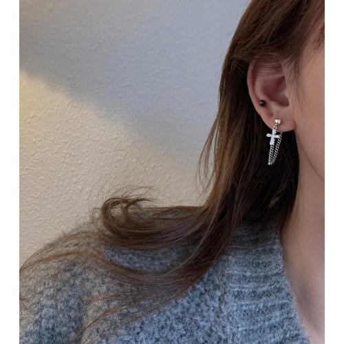 Drop Cross Chain Earrings For Women Round Bead Asymmetrical Retro Korean Fashion Punk Design Female New Trend Jewelry BOYULIGE