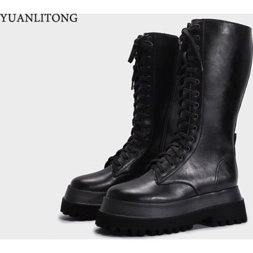 High cylinder flat bottomed Knights boots womens bandage side zipper thick bottomed round head boots womens shoes