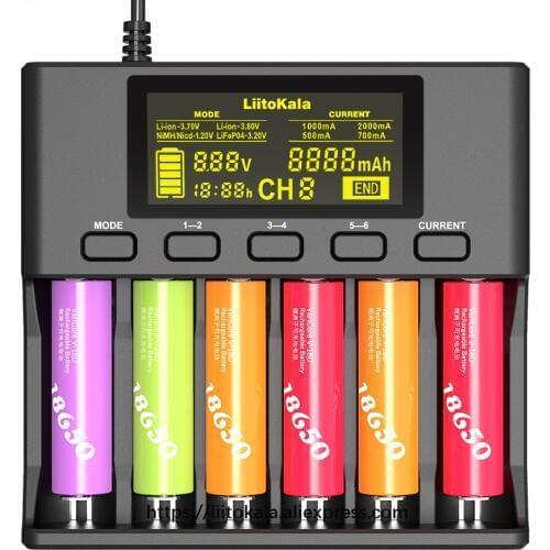 LiitoKala Lii-S6 battery charger 18650 charger 6-Slot Auto-polarity detect for 18650, 26650, 21700, 32650 AA AAA batteries