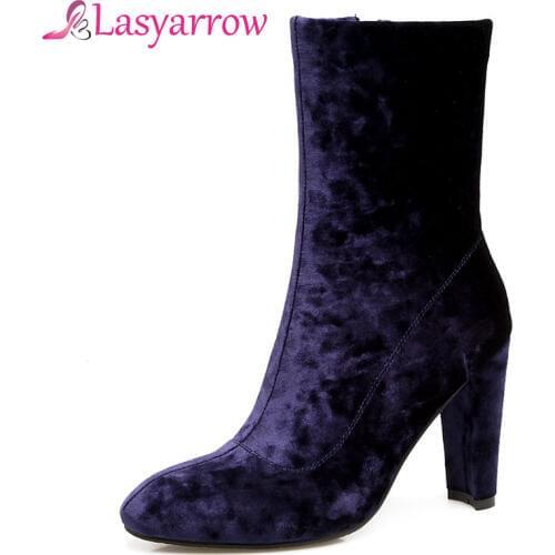 Lasyarrow Flock Ankle Boots Side Zipper Womens Autumn Winter Shoes Fashion High Heels Short Boots Size 33-46 Ladies Fotwear J63
