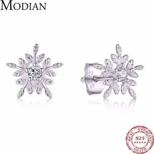 Modian Real 925 Sterling Silver White Snowflake Stud Earrings Cubic Zirconia Jewelry For Women Fashion Sterling Silver Earrings