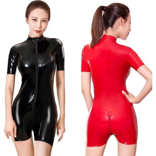 Latex Look Women Shiny Romper Sexy PVC Leather Jumpsuit Zipper Open Bodycon Bodysuit Catsuit Mistress Fetish Costume