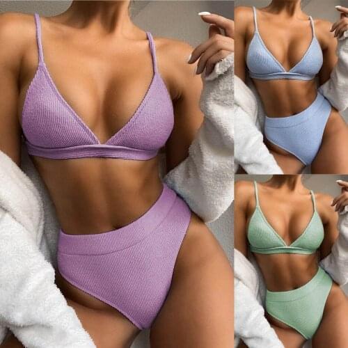 2021 Sexy Swimsuit Halter Beachwear Solid High Waist Bikini Set Women Patchwork Bathing Suit Beach Pool Bowknot Swimwear