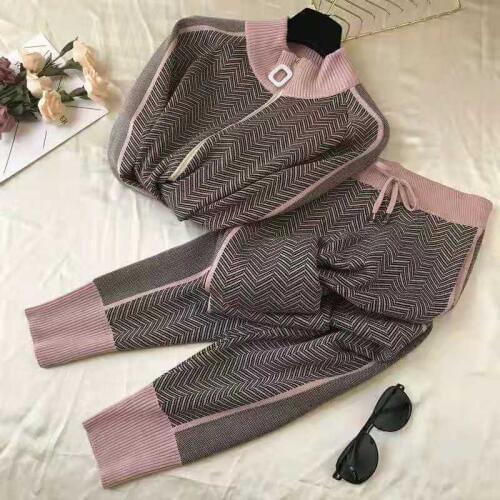 Womens New Autumn Winter Knit Set Fashion Pattern Striped Long Sleeve Knit Cardigan Tracksuit Suit Women Casual Two Piece Set
