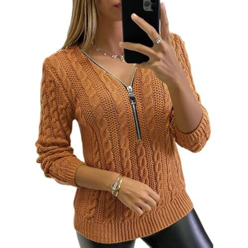 Fall Winter Warm Sweater Women V Neck Zipper Patchwork Twist Knitted Sweater Lady Loose Pullover Tops Fashion Long Sleeve Jumper