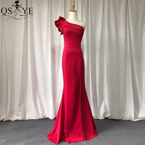 QSYYE Red Evening Dresses Elastic One Shoulder Mermaid Formal Gown Shoulder Ruffles Evening Dress Fitted Women Party Dresses