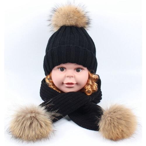 Winter Children Warm Thick Hat Scarf Glove 2pcs Set Knitted Real Fur PomPom Hat Sets Baby Kids Beanies Neck Warmers For Boy Girl