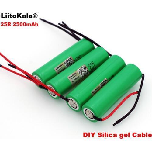 4pcs/lot LiitoKala New 18650 2500mAh Rechargeable battery 3.6V INR18650-25R 20A discharge + DIY Silica gel Cable