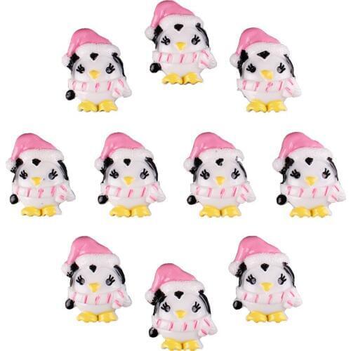 50pcs Cute Penguin with Pink X'mas Santa Hat Flat back Resin Scrapbooking Crafts Embellishment Flatback Charms Cabachons