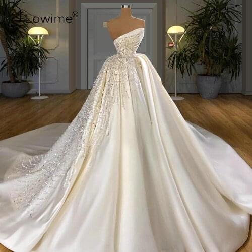 Ivory Strapless Satin Wedding Dresses A Line Court Train Luxury Heavy Beading Ruched Bridal Gowns