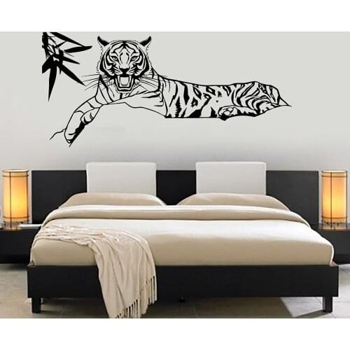 Bamboo leaves lying tiger vinyl wall decal home decor living room bedroom art mural removable wall stickers