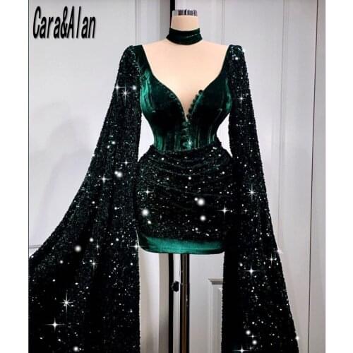 Sparkle Short Dark Green Prom Dress Long Sexy V Neck robe de soirée de mariage 2021 Sequin Celebrity Party Gowns