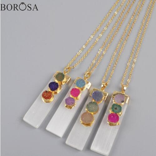 BOROSA 5Pcs High Quality 26" Rectangle Gold Plating Selenite Stone & Round Rainbow Agates Druzy Pendant Necklace Jewelry G1854
