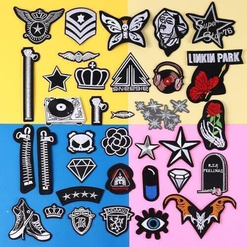 Black five star angle Applique Clothing zipper Embroidery Music CD Patch Fabric Sticker Iron On Patch For Clothing DIY Parches