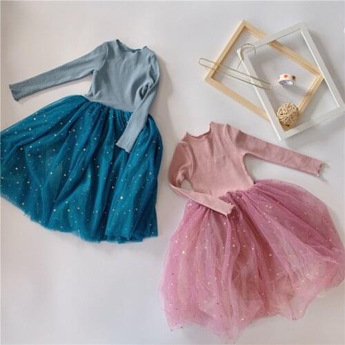 Shiny Sequin Tulle Girls Cotton Knit Spring Dress for Kids Children Long Sleeve Tiered Princess Costume for Children