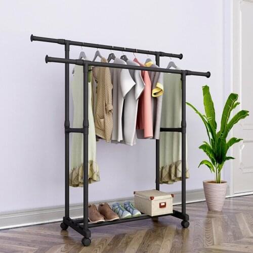 Double Pole Coat Racks Adjustable Extend Clothing Rack Living Room Hanger Household Multifunctional Clothes Rack With Wheels