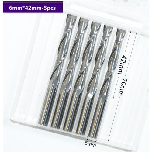 6mm*42mm,5pcs,Free shipping 2 Flutes End Mill,CNC machine milling Cutter,Solid carbide woodworking tool,PVC,MDF,Acrylic,wood