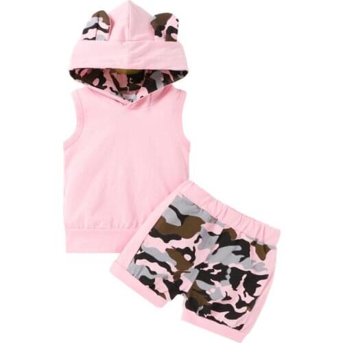Baby Girls Two-piece Clothes Set Pink Camouflage Printed Pattern Hooded T shirt Tops Shorts Summer Clothing Babys Sets