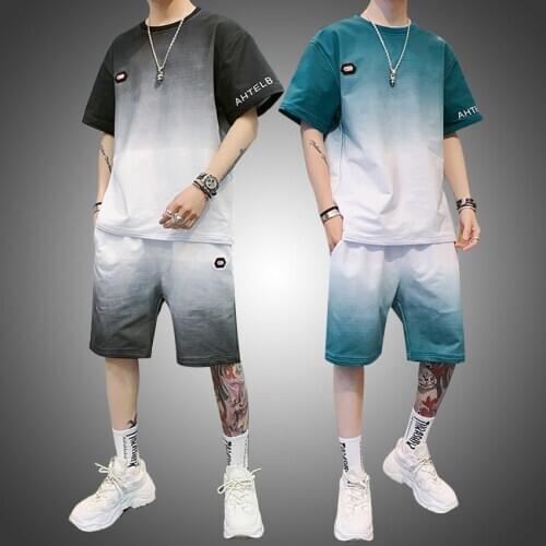 Summer quick-dry Gradient Color Tracksuit mens casual running fitness basketball short-sleeved shorts breathable two-piece suit