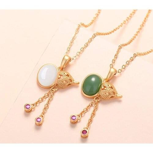 Lyvior Fu Lu Shou Gourd Pendant Transparent Color Malay Jade Necklace White Jade Pendant Zircon Tassel Hollow Inlaid Jewelry