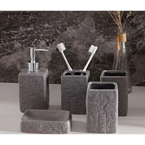 Square Bathroom Supplies Ceramic Bathroom 5-piece Set Plastic Tray Wash Set Mouth Cup Toothbrush Holder Soap Dish Lotion Bottle