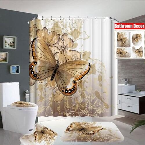 Beautiful Butterfly Printing Shower Curtain Set Toilet Seat Cushion Non-slip Bathroom, Suitable for Bathroom Scenes