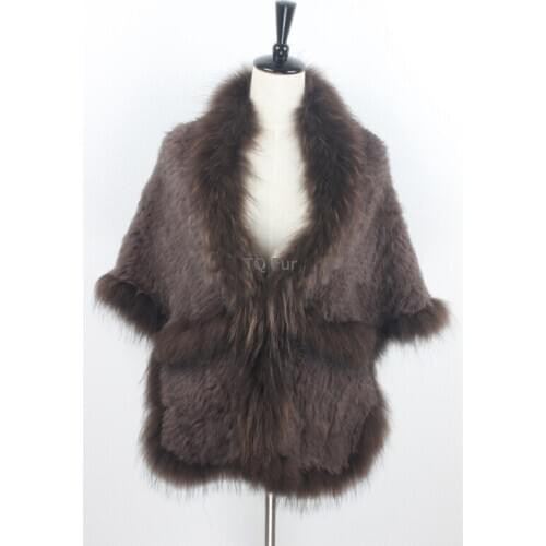 New Real Knitted Rabbit Fur Pashion With Raccoon Fur Collar Shawl Fashion Poncho