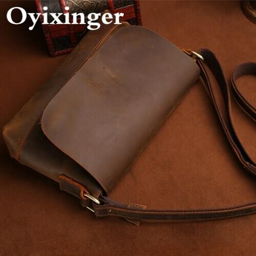 OYIXINGER Retro Mens Bag Genuine Leather Shoulder Bags For Men Vintage Crazy Horse Cowhide Crossbody Bags Solid Mini Travel Bag
