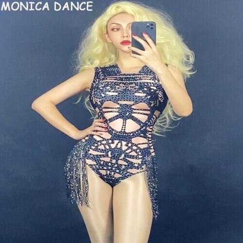 Sexy Dance Costume Stage Wear Black Tassel Bodysuit Sleeveless Big Stretch Womens Party Prom Bar Stage Female Singer Bodysuit