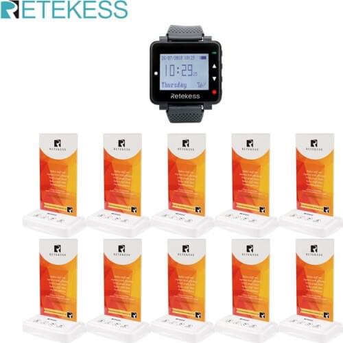 RETEKESS Restaurant Pager System Wireless Calling System Table Card Watch Receiver+10Pcs Transmitter Buttons Call Waiter