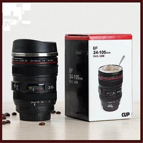 New Hot Fashion 24-105 MM Lens THERMOS Camera Travel Coffee Tea Mug Cups Lens Creative Cup Stainless Steel Brushed Liner Black
