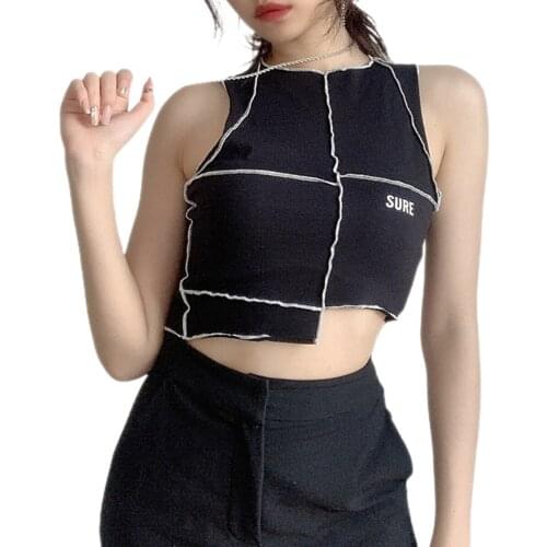 Fashion Sexy Letter Print Patchwork Tank Tops Women Sleeveless Crew Neck Slim Fit Club Black Crop Top Punk Streetwear