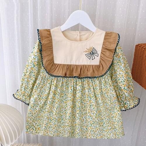 Spring Long-sleeve Girls Dress 2021 New Lotus Leaf Stitching Floral Cute Childrens Dress Toddler Girl Clothes