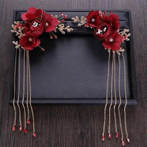 1pair red girls barretts brides headpiece dark red tassels barrette clip-on headdress party christmas new year gift